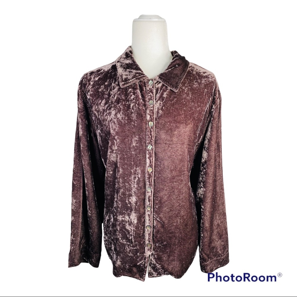 J.Jill Brown Crushed Velvet 100% Rayon High/Low Long Sleeve Button down Shirt